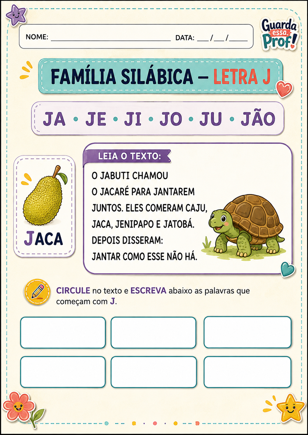 Atividade da família silábica da letra J com texto para ler e circular as palavras que começam com J.