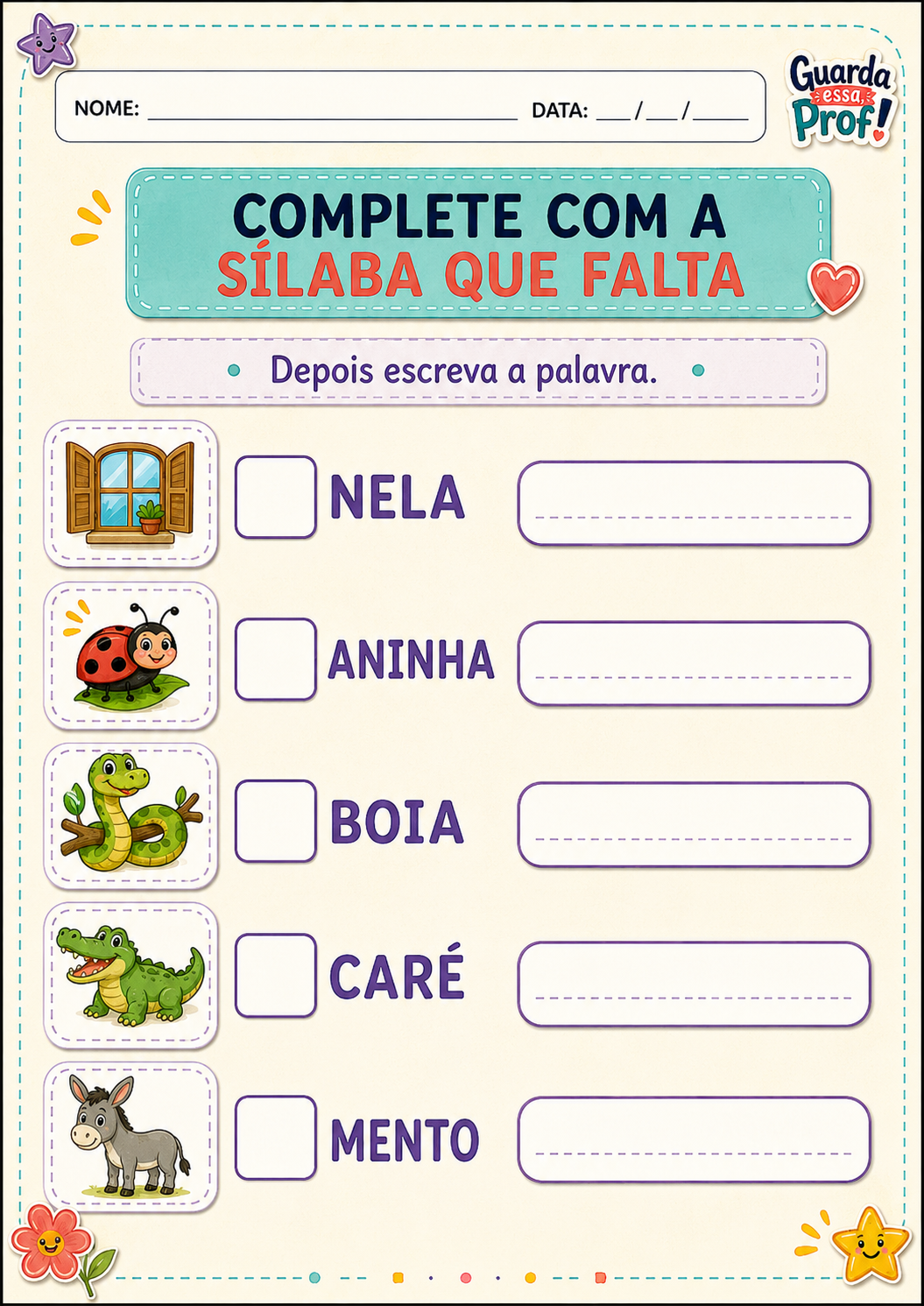 Atividade de completar a sílaba que falta e escrever palavras como janela, joaninha, jiboia e jacaré.